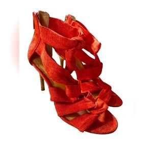 Vince Camuto Coral Red Bow Strap High Heel Sandals Size 6 with FLAW on sole